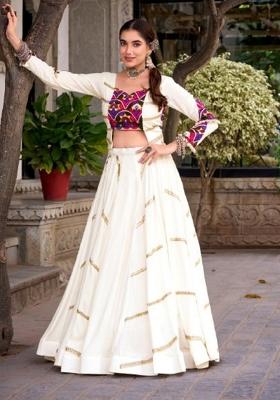 White Gamthi Work Rayon Lehenga Set