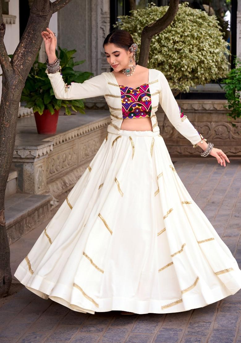 White Gamthi Work Rayon Lehenga Set - Indya