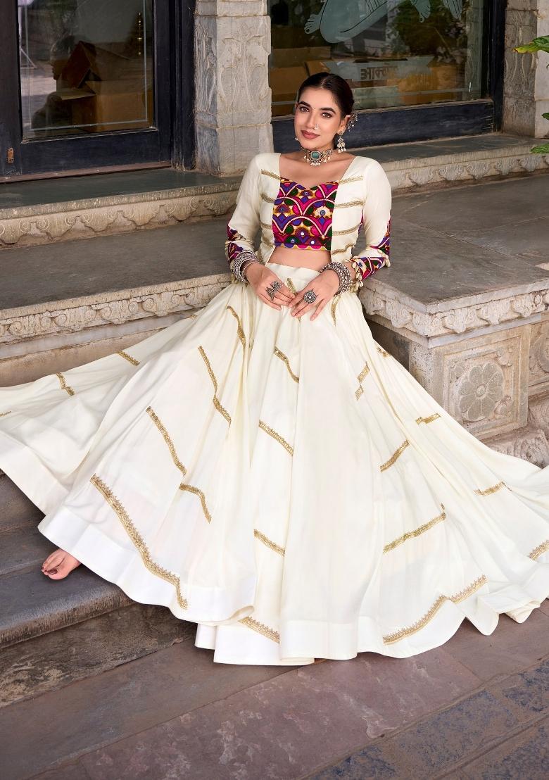 White Gamthi Work Rayon Lehenga Set - Indya