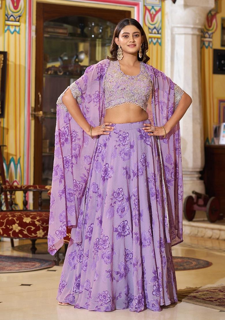 Lavender Embroidery Georgette Lehenga Set - Indya