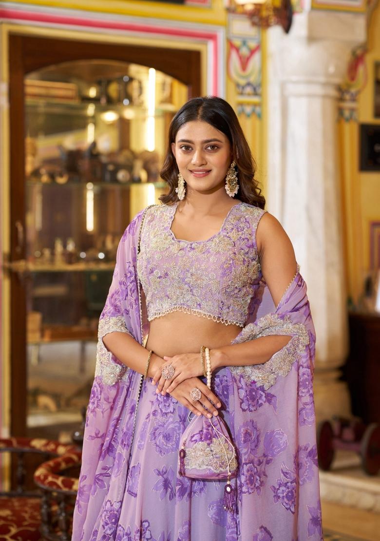 Lavender Embroidery Georgette Lehenga Set - Indya