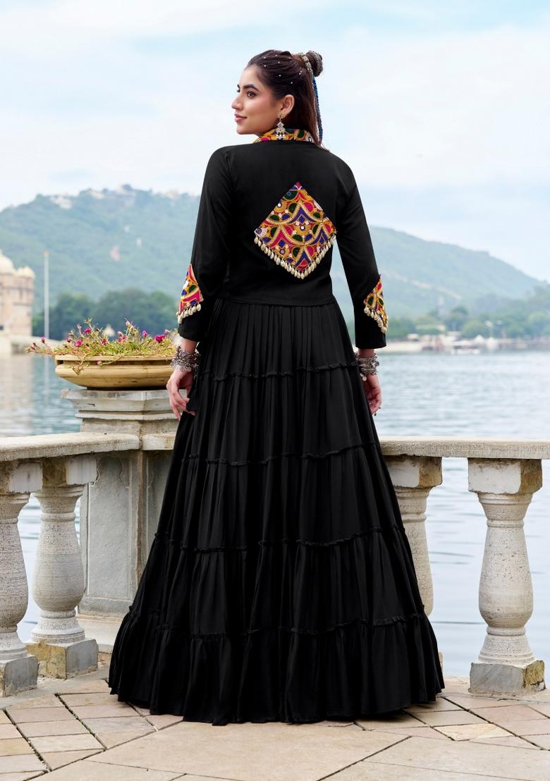 Black Gamthi Work Rayon Lehenga Set - Indya
