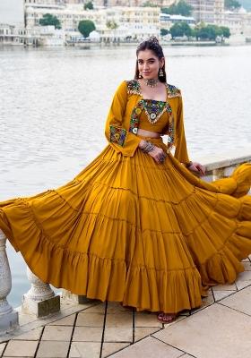 Mustard Gamthi Work Rayon Lehenga Set