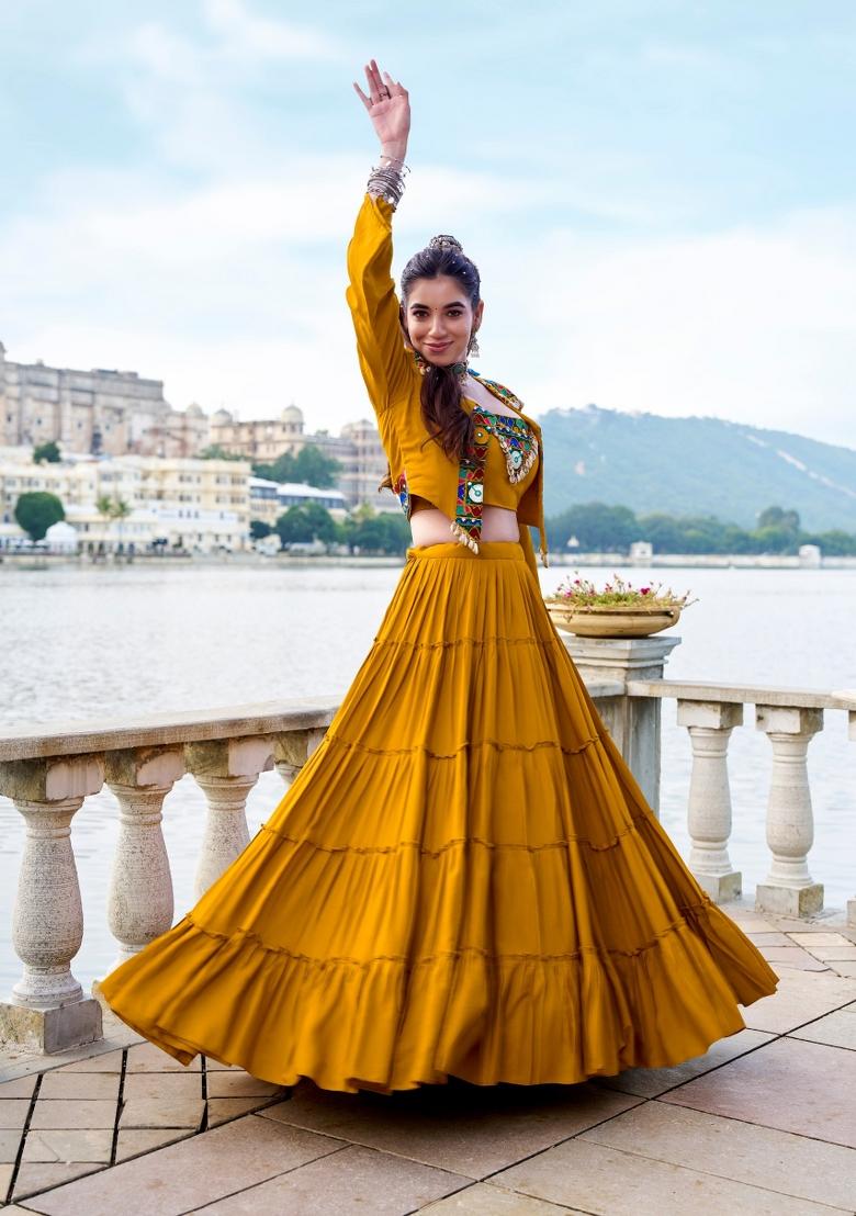 Mustard Gamthi Work Rayon Lehenga Set - Indya