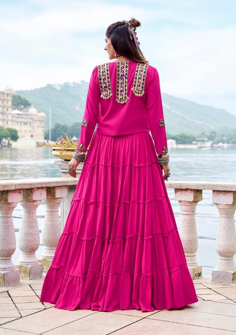 Pink Gamthi Work Rayon Lehenga Set - Indya