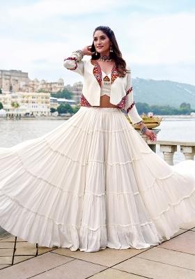 White Gamthi Work Rayon Lehenga Set