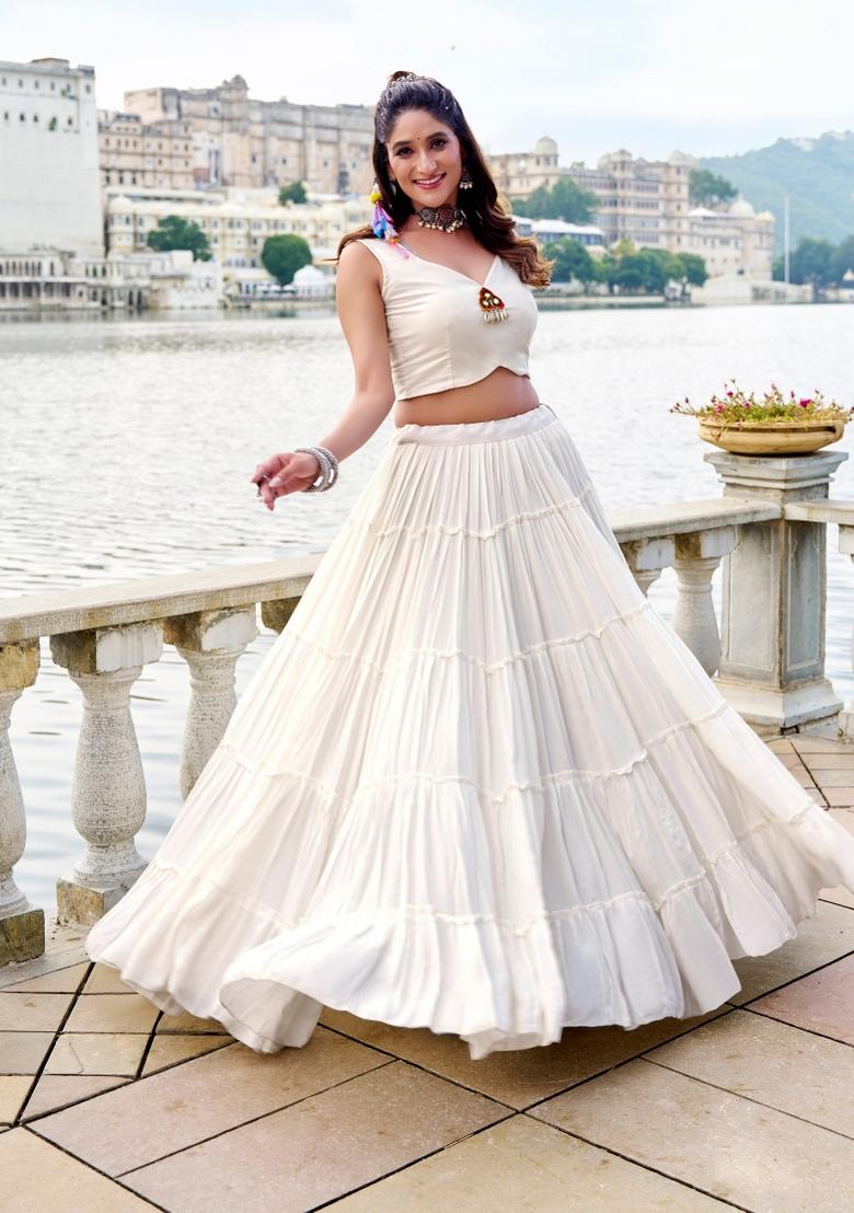 White Gamthi Work Rayon Lehenga Set - Indya