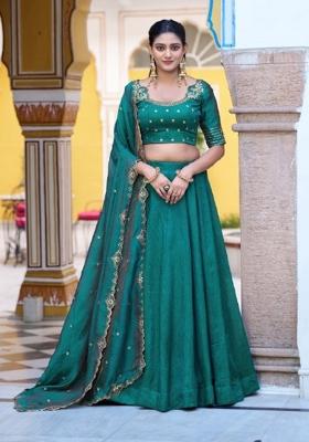 Teal Green Embroidery Silk Lehenga Set