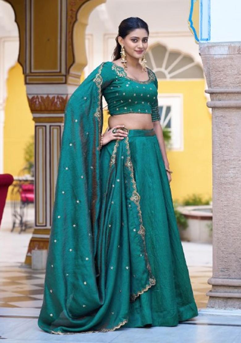 Teal Green Embroidery Silk Lehenga Set - Indya