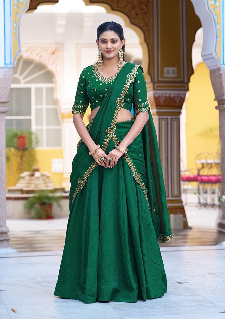 Green Embroidery Silk Lehenga Set - Indya
