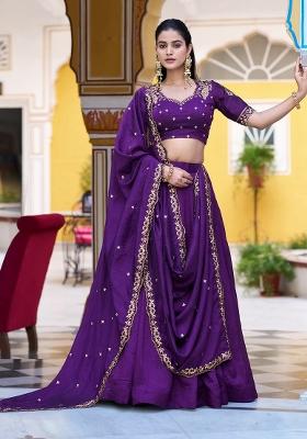 Purple Embroidery Silk Lehenga Set