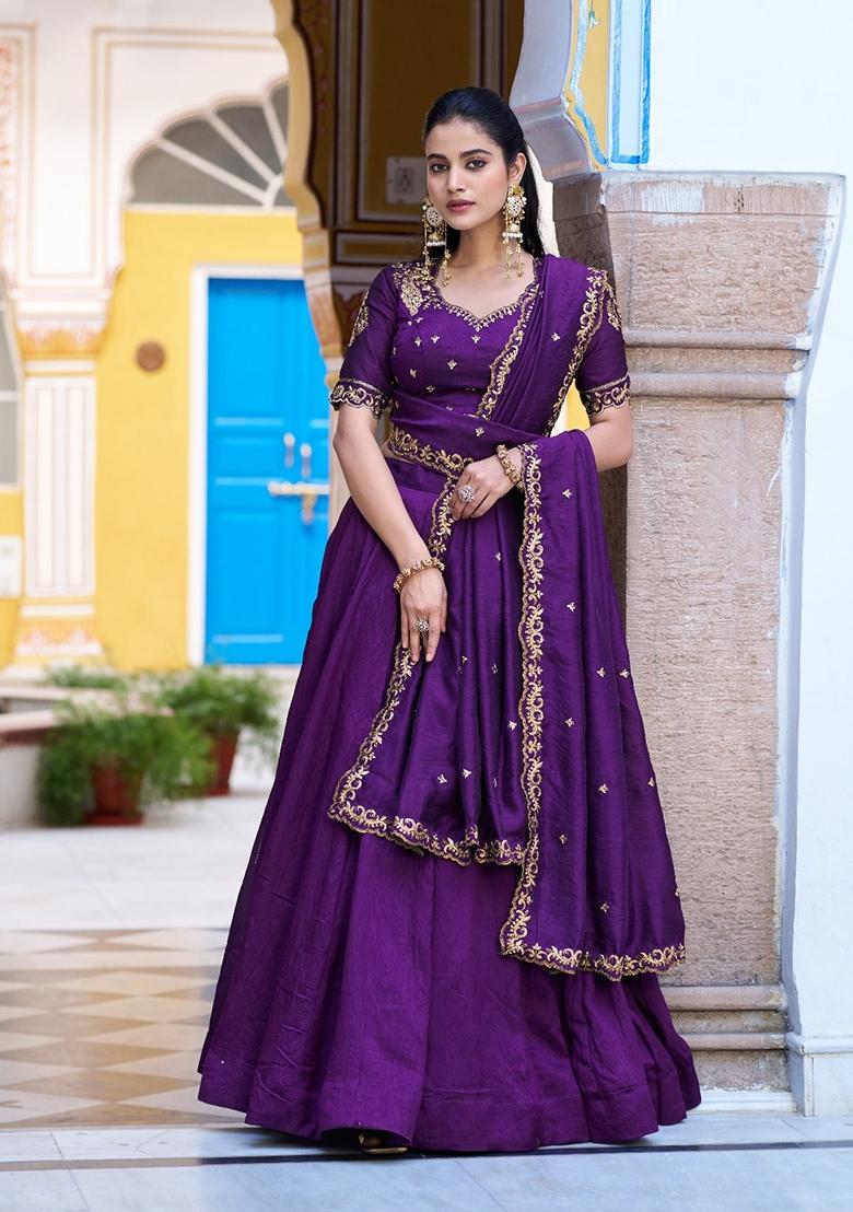Purple Embroidery Silk Lehenga Set - Indya