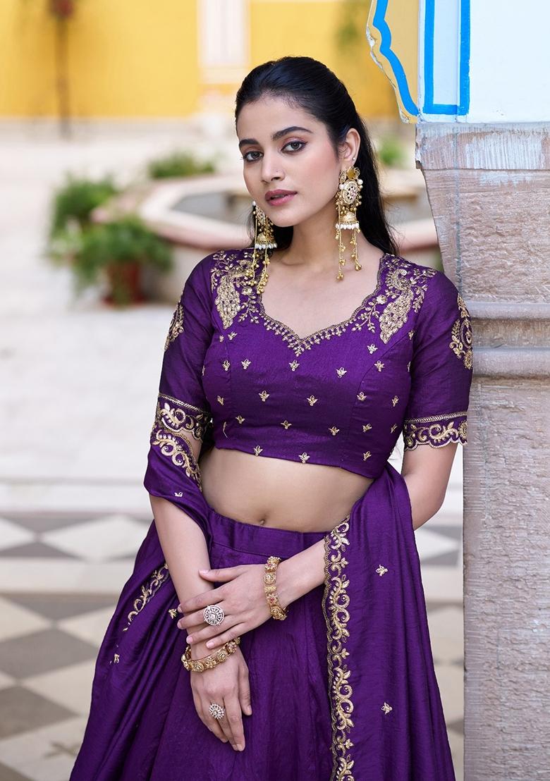 Purple Embroidery Silk Lehenga Set - Indya