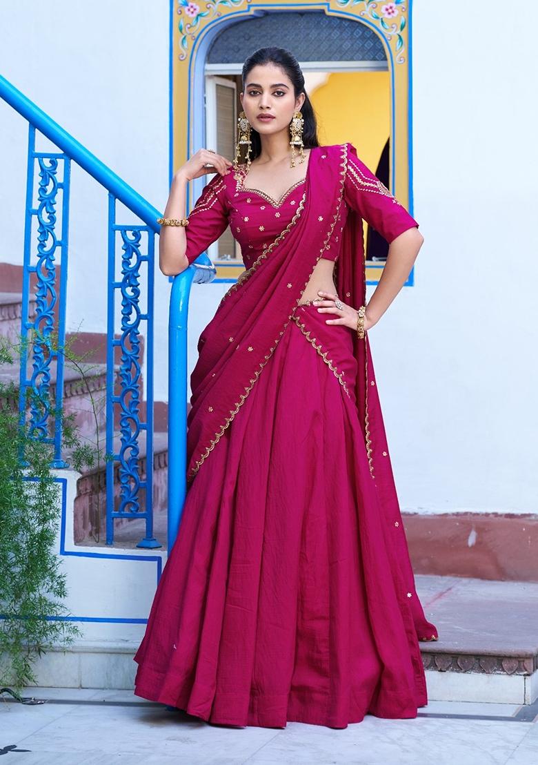 Rani Pink Embroidery Silk Lehenga Set - Indya