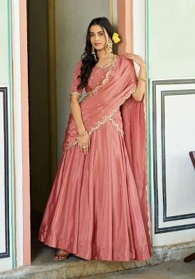Peach Embroidery Chinon Lehenga Set
