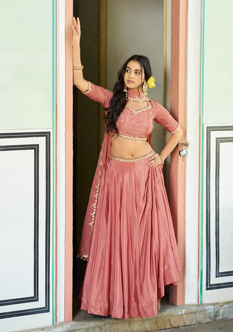 Peach Embroidery Chinon Lehenga Set - Indya