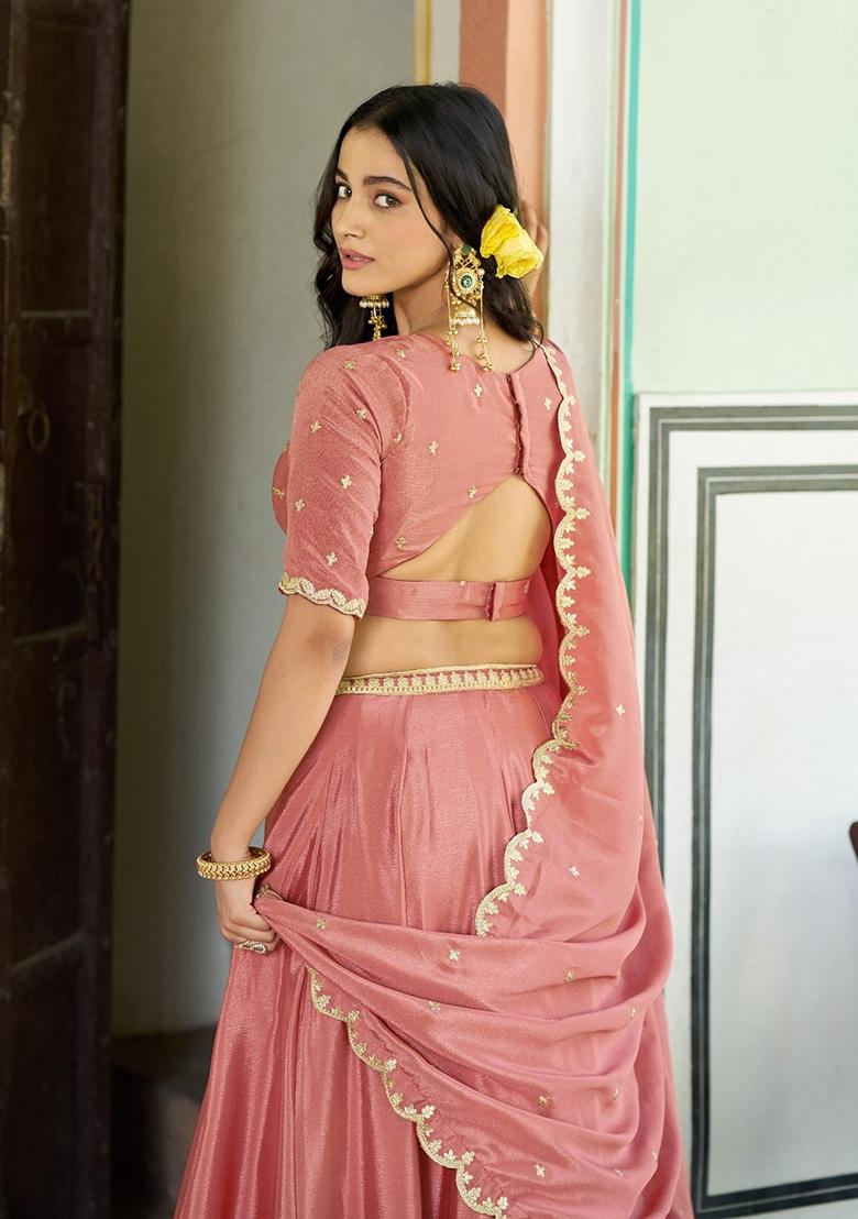 Peach Embroidery Chinon Lehenga Set - Indya