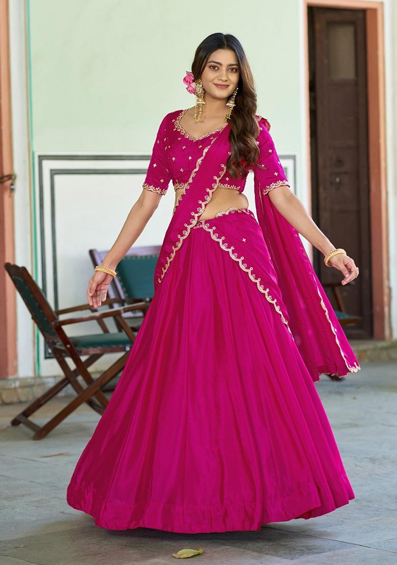 Rani Pink Embroidery Chinon Lehenga Set - Indya