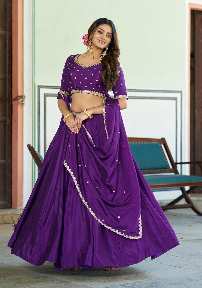 Purple Embroidery Chinon Lehenga Set - Indya
