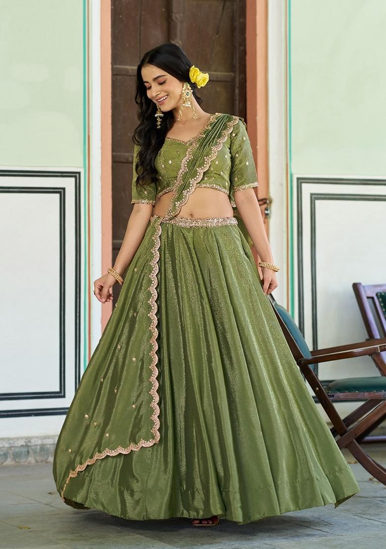Pista Embroidery Chinon Lehenga Set - Indya