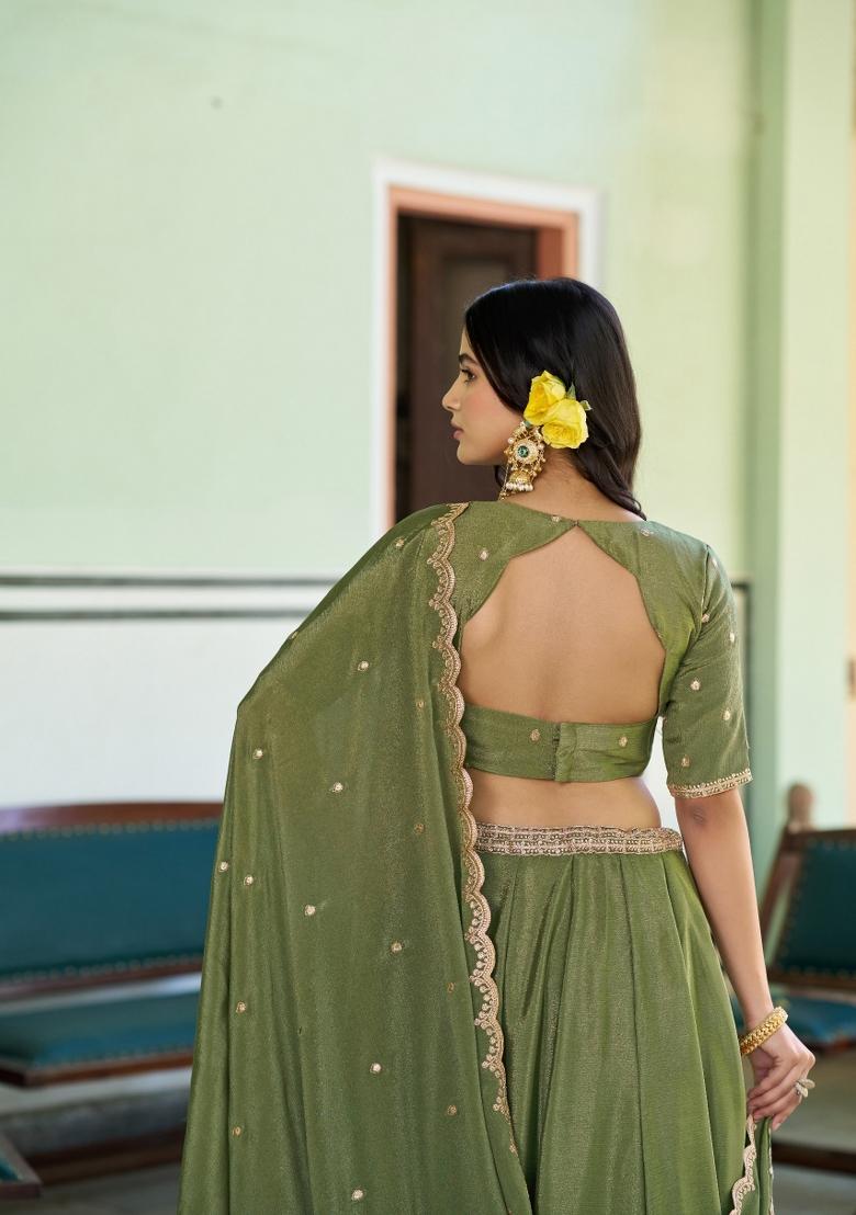 Pista Embroidery Chinon Lehenga Set - Indya