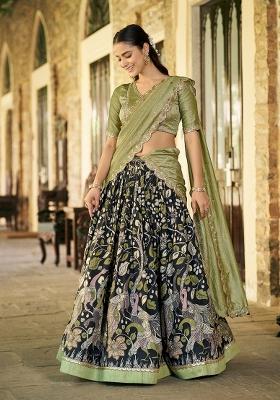 Black Printed Silk Lehenga Set