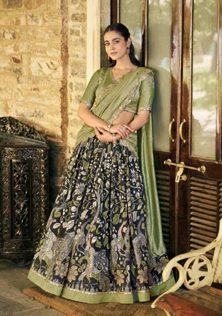 Black Printed Silk Lehenga Set - Indya