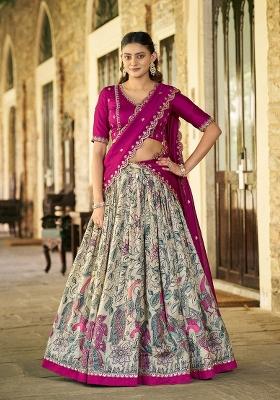 Cream Printed Silk Lehenga Set