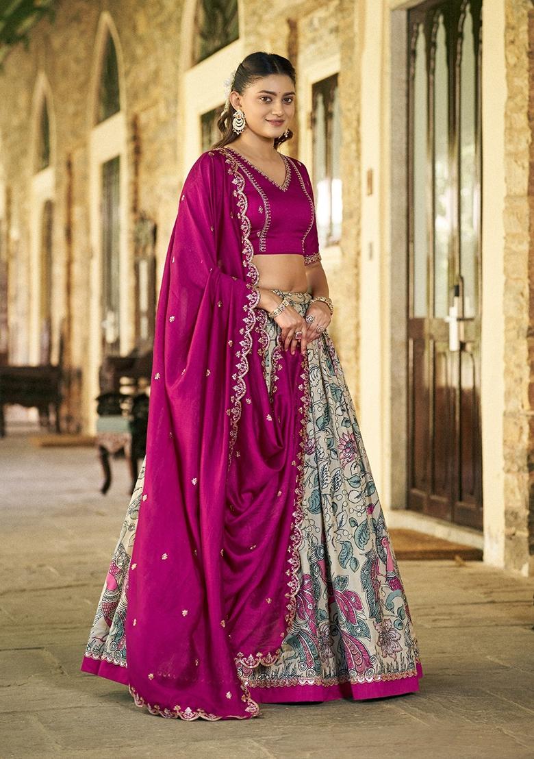 Cream Printed Silk Lehenga Set - Indya