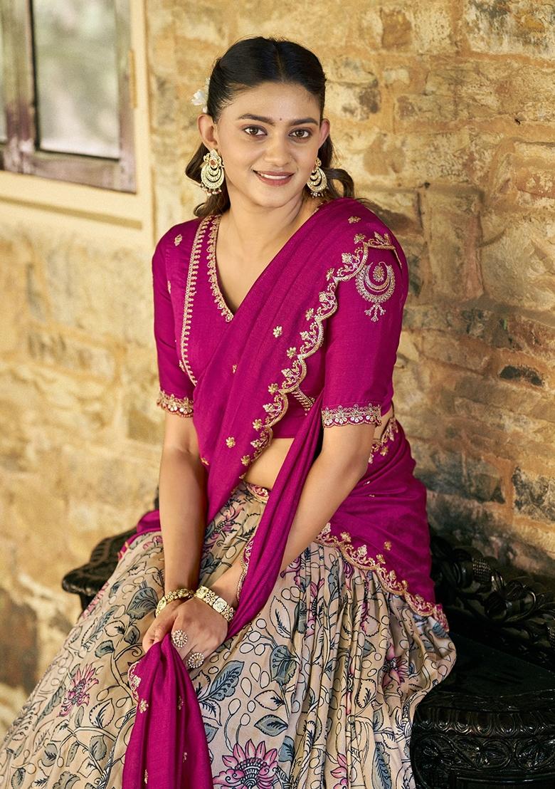 Cream Printed Silk Lehenga Set - Indya