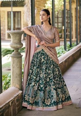 Green Printed Silk Lehenga Set