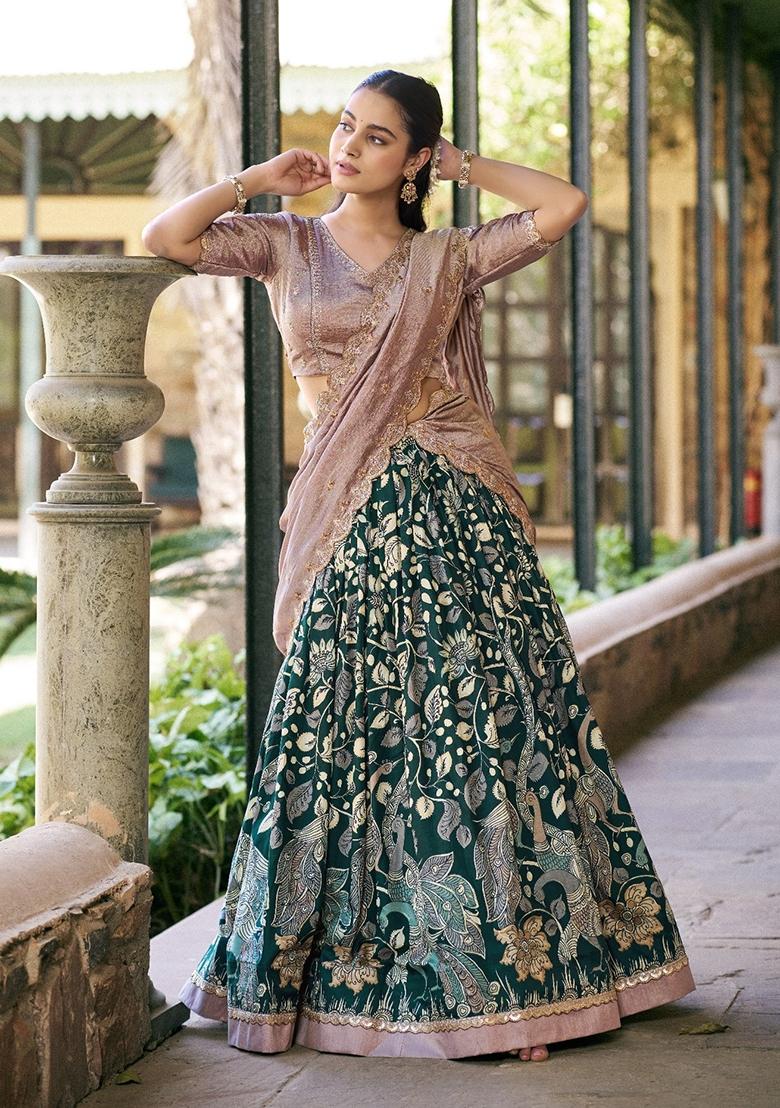 Green Printed Silk Lehenga Set - Indya