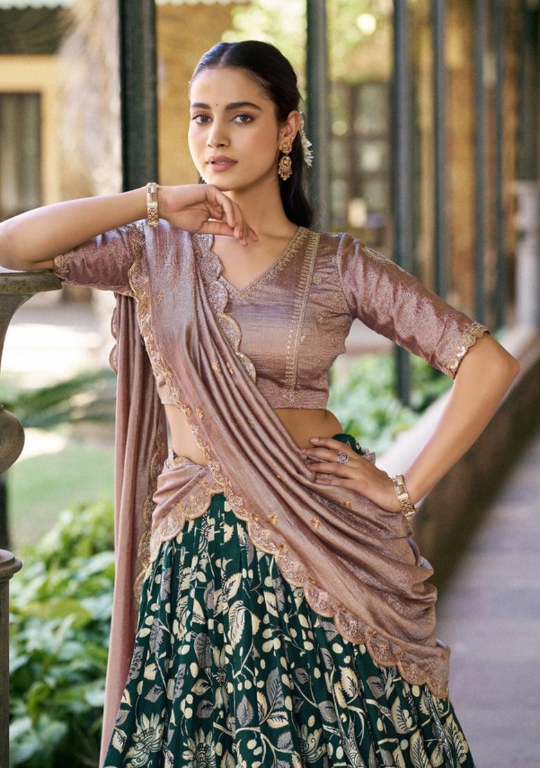 Green Printed Silk Lehenga Set - Indya