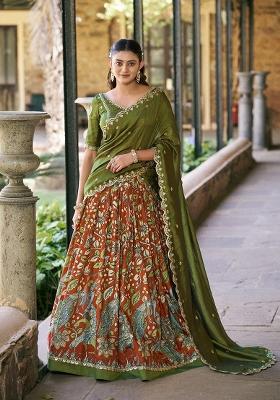 Orange Printed Silk Lehenga Set