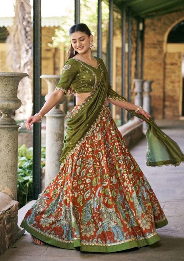 Orange Printed Silk Lehenga Set - Indya