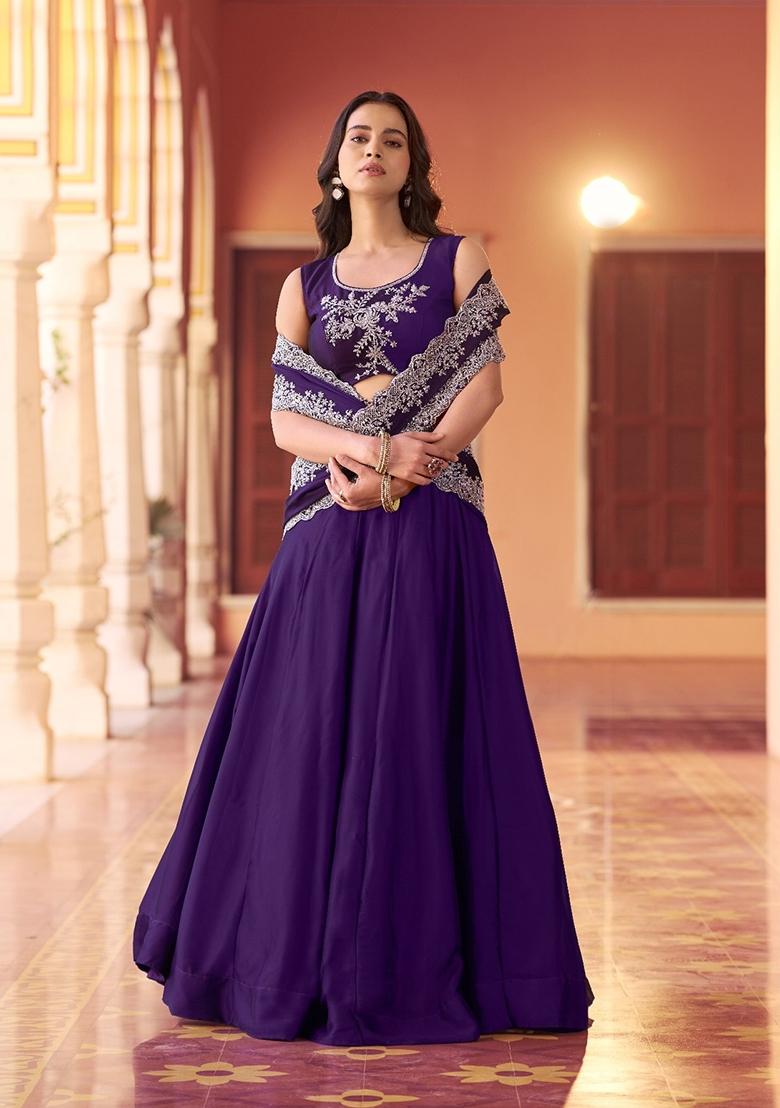 Purple Embroidery Silk Lehenga Set - Indya