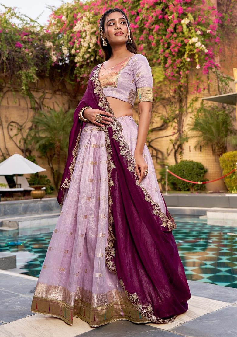 Lavender Jacquard Silk Lehenga Set - Indya