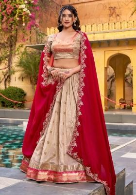 Off White Jacquard Silk Lehenga Set
