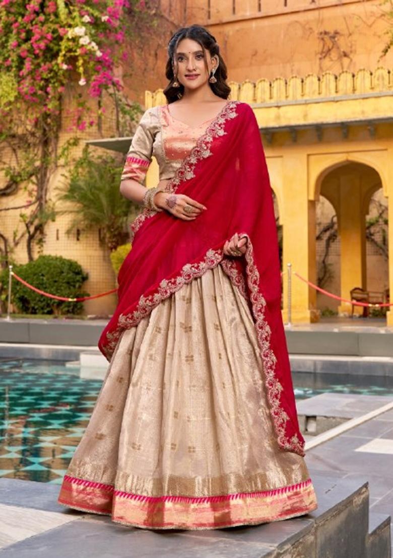 Off White Jacquard Silk Lehenga Set - Indya