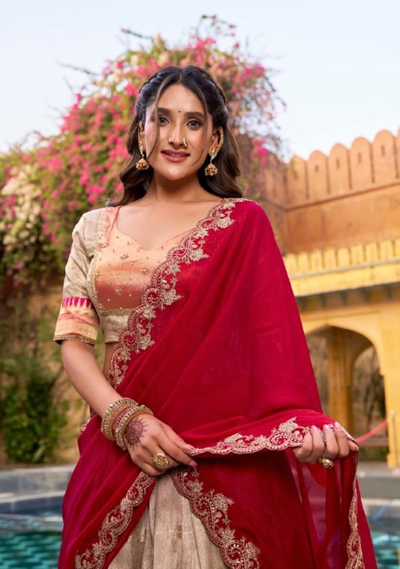 Off White Jacquard Silk Lehenga Set - Indya