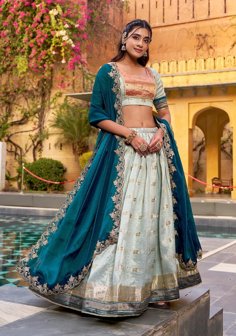 Sky Blue Jacquard Silk Lehenga Set - Indya