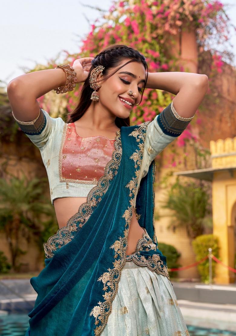 Sky Blue Jacquard Silk Lehenga Set - Indya