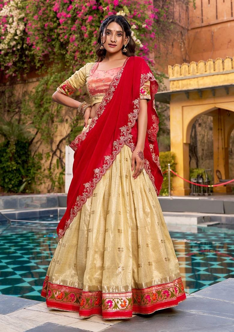 Light Yellow Jacquard Silk Lehenga Set - Indya