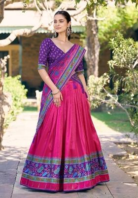 Pink Printed Silk Lehenga Set