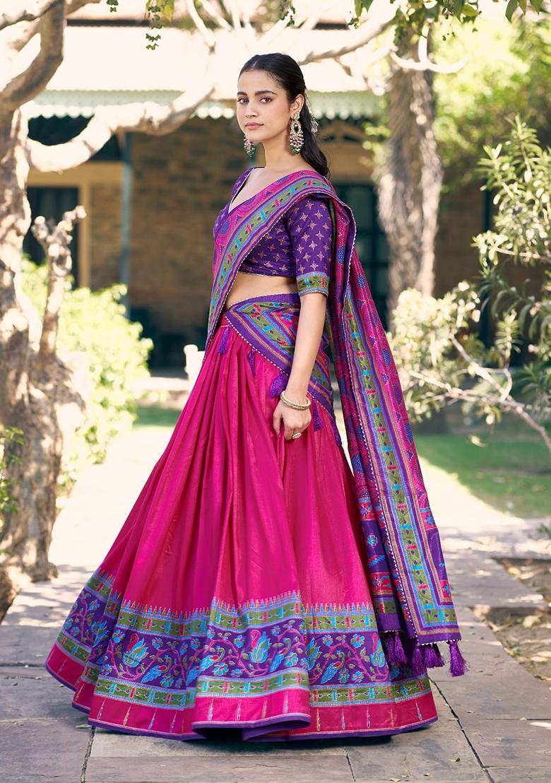 Pink Printed Silk Lehenga Set - Indya