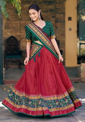 Red Printed Silk Lehenga Set