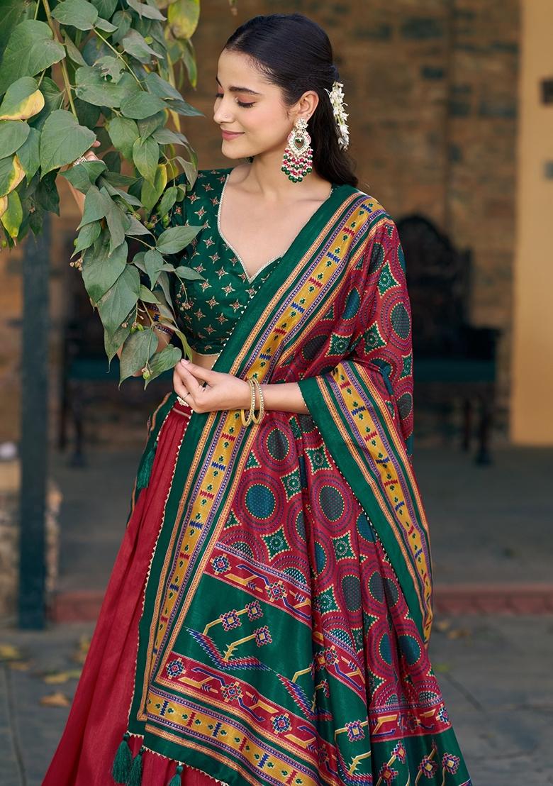 Red Printed Silk Lehenga Set - Indya
