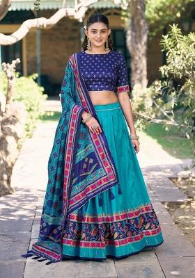 Blue Printed Silk Lehenga Set