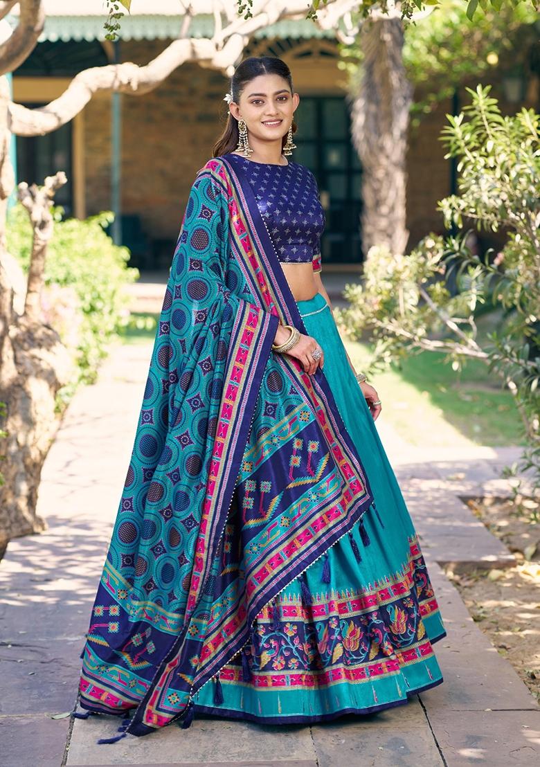 Blue Printed Silk Lehenga Set - Indya