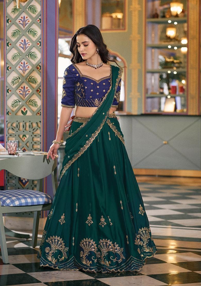 Green Embroidery Silk Lehenga Set - Indya